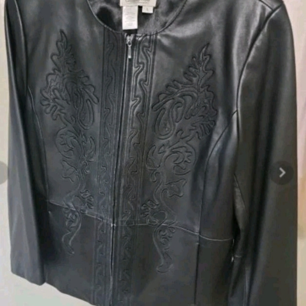 Coldwater Creek Black Leather Jacket with Embroidered Front
